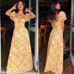 NEW House Of CB Felizia Butter Yellow Floral Print Puff Sleeve Sundress Maxi S